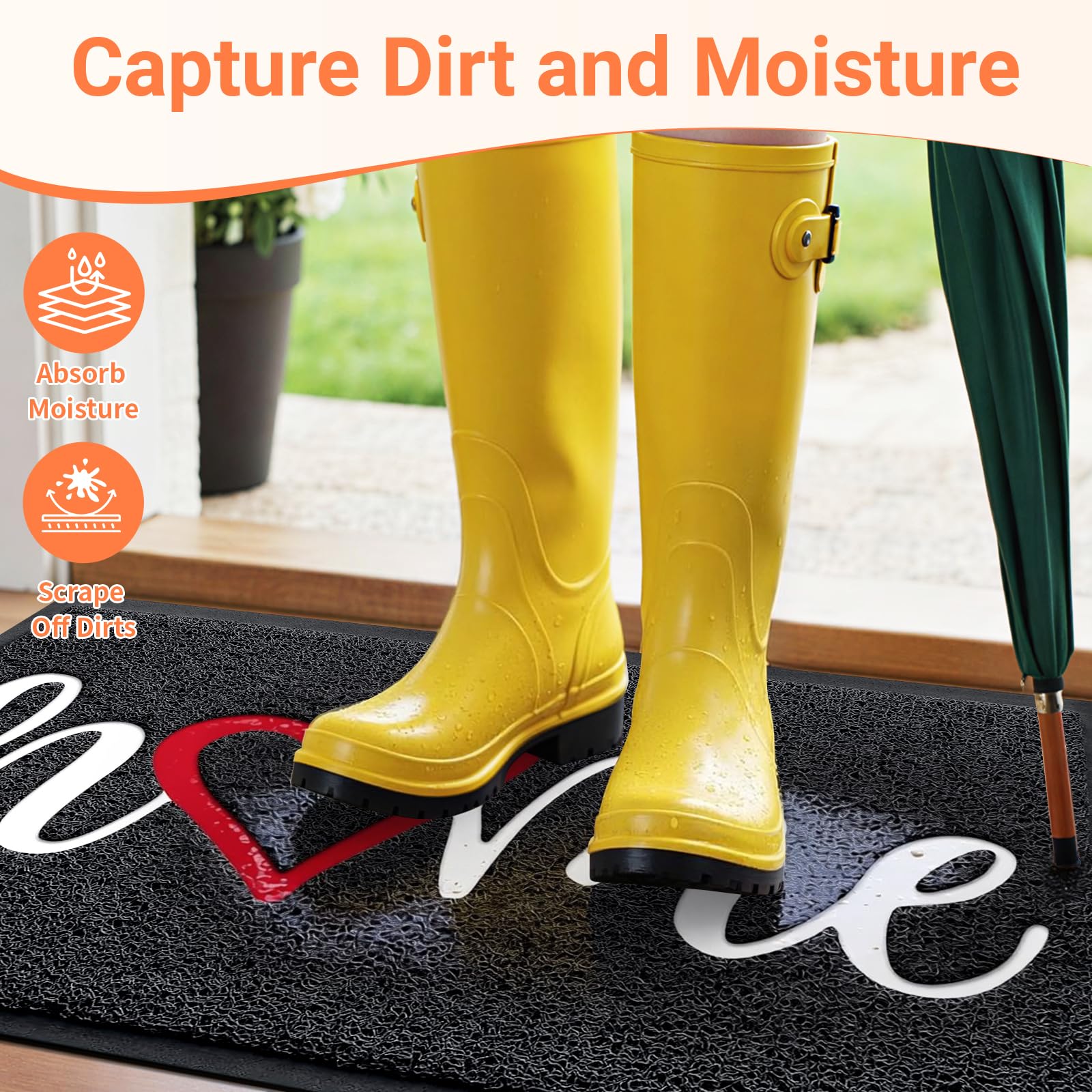 StepLively door mat outdoors with water-repellent border helps keep floors dry.
