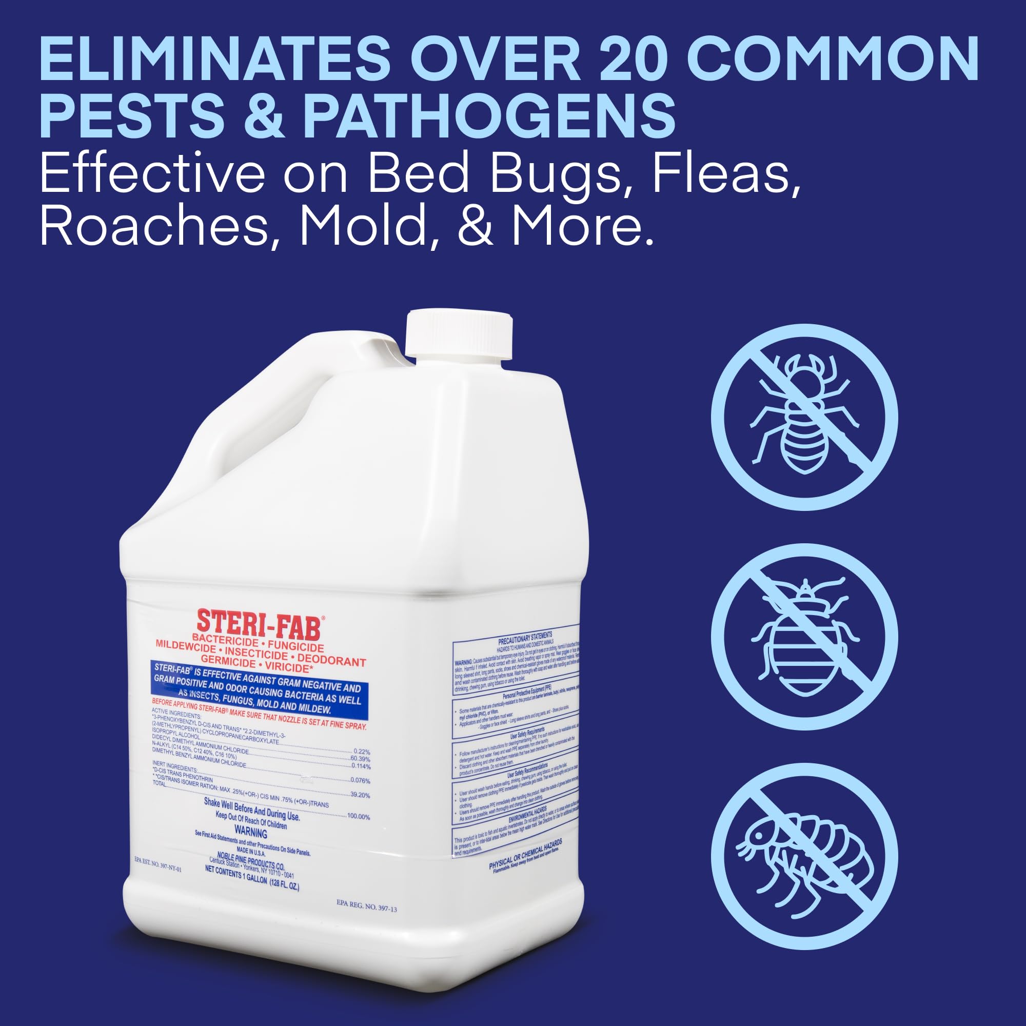 Close-up of the Steri-Fab label showing EPA-registered disinfectant and deodorizer features