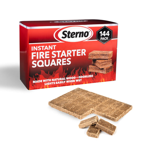Sterno Instant Fire Starter Squares packaging for quick, mess-free lighting indoors and outdoors.