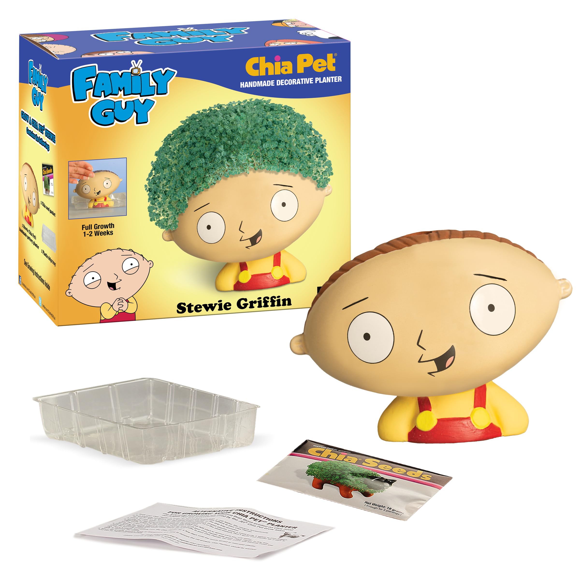 Stewie Chia Pet drip tray and care instructions for simple maintenance.