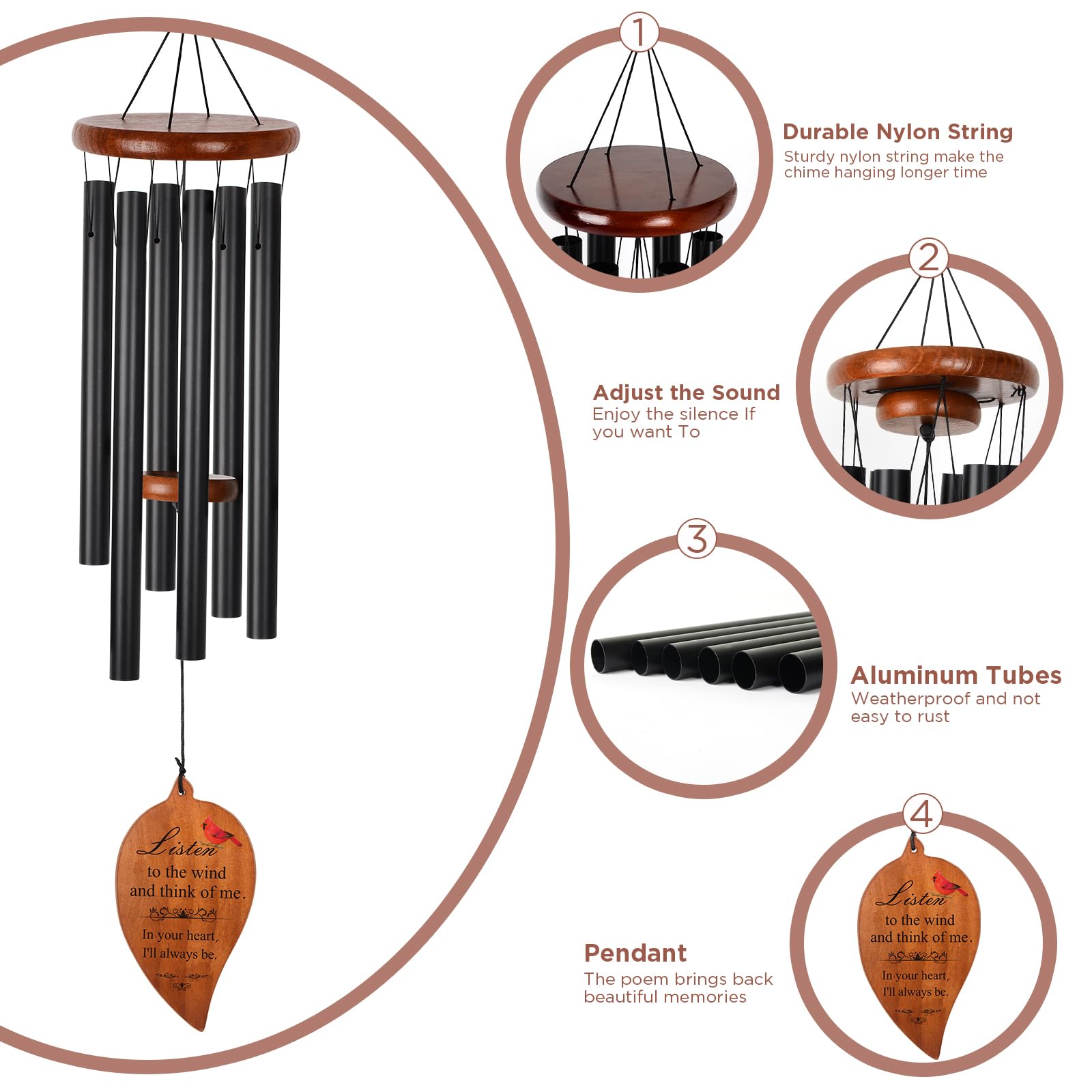 STF ShangTianFeng Sympathy Wind Chimes catch sunlight on wood for reflective outdoor beauty.