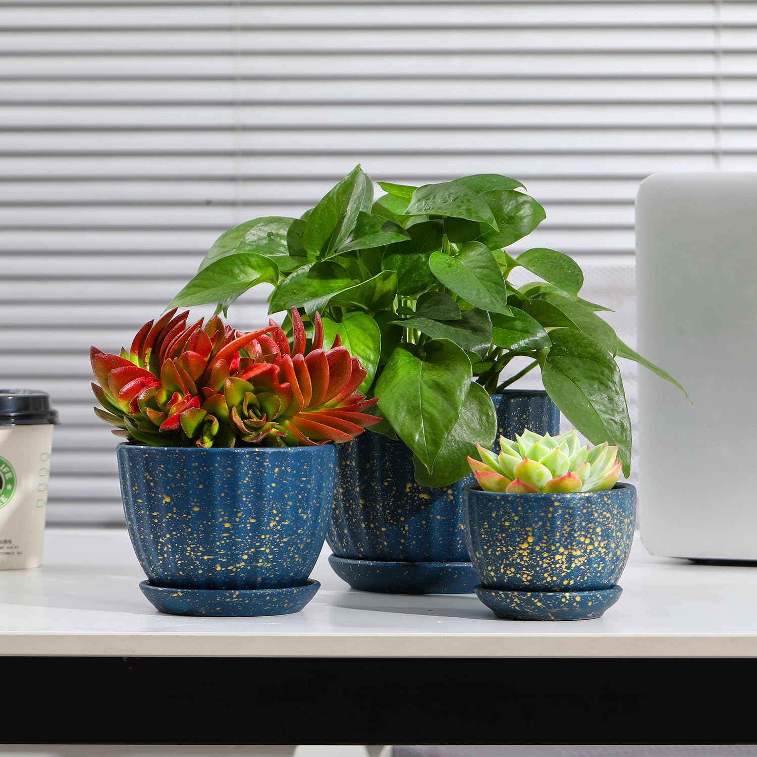 STHIE blue flower pot for desks and shelves with elegant design.