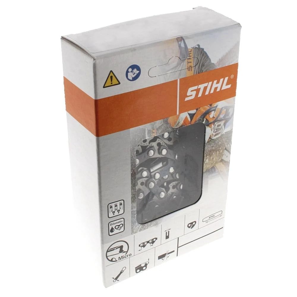 Stihl 25-inch full chisel saw chain close-up showing aggressive cutting design.