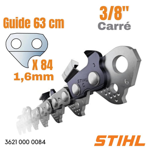 Stihl 25-inch chain mounted on bar demonstrates durability for heavy use.