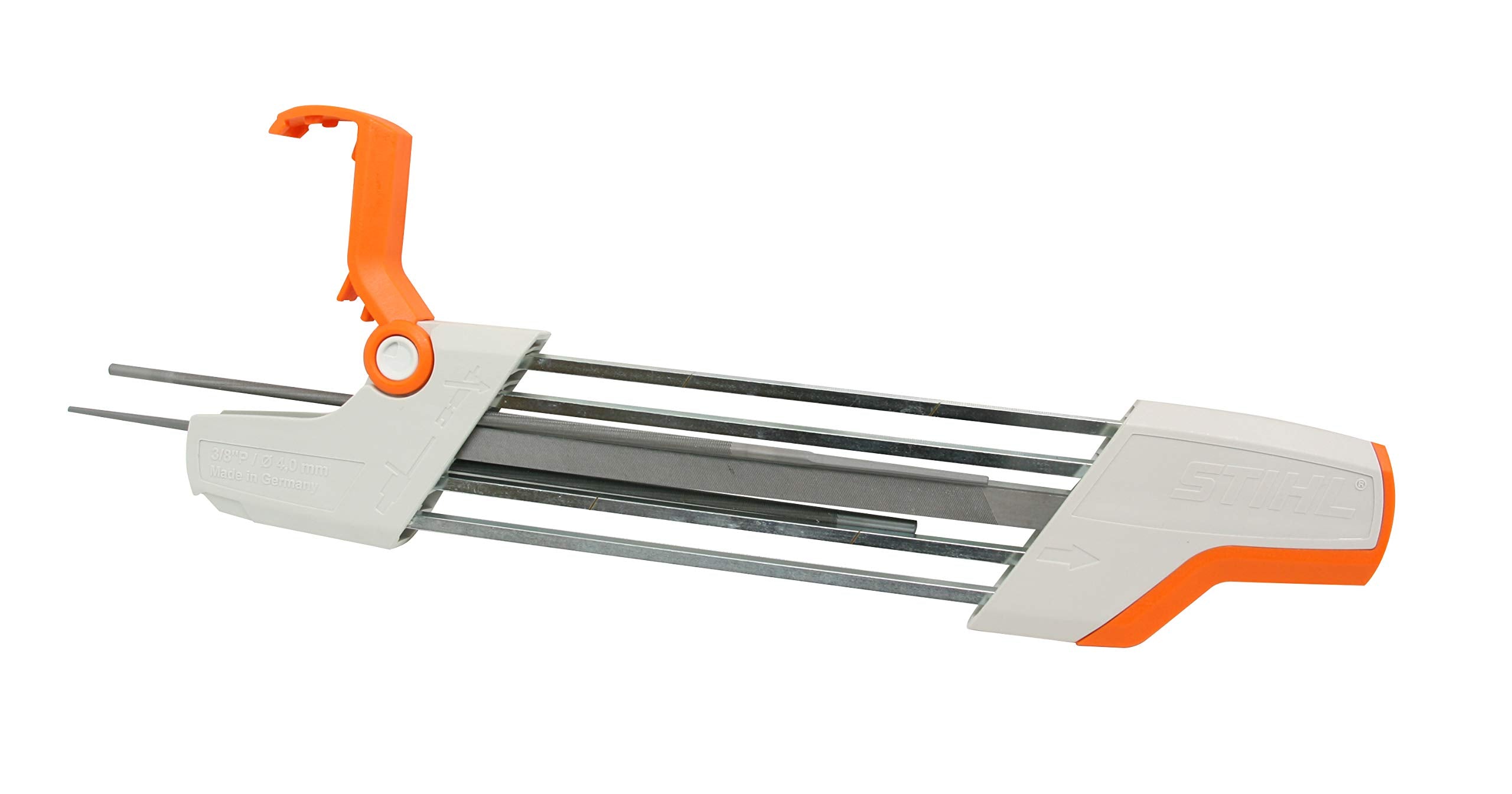 Stihl sharpener in action demonstrates fast combined filing and depth gauge adjustment.