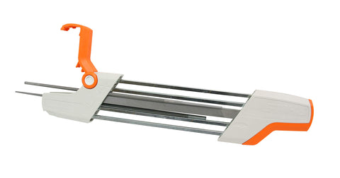 Stihl sharpener in action demonstrates fast combined filing and depth gauge adjustment.