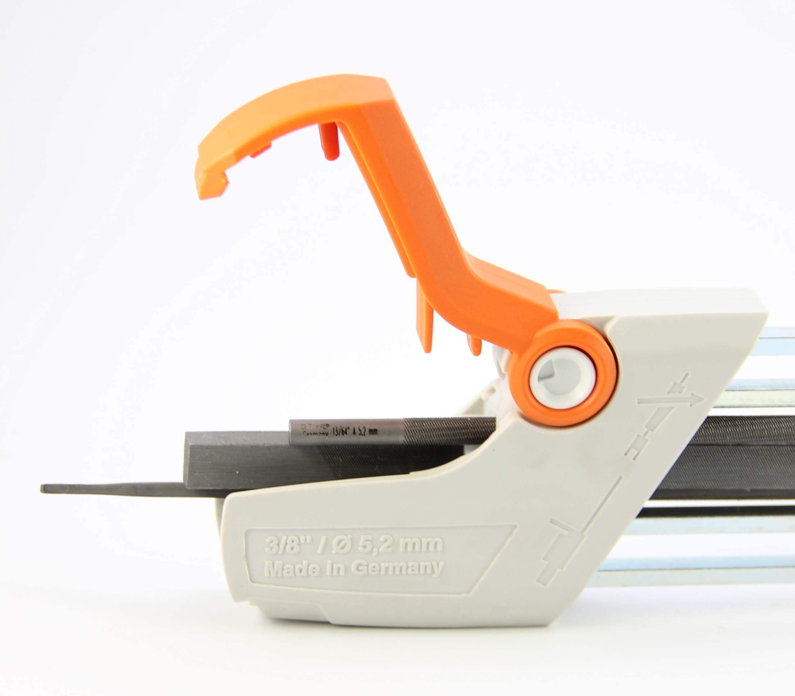 Stihl 3/8-inch chain filing guide illustration showing alignment.
