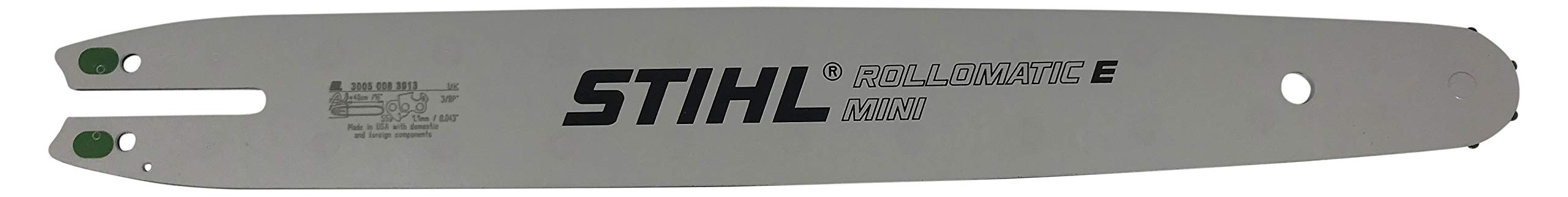 Stihl Rollomatic E Mini guide bar closeup for precise cutting control.