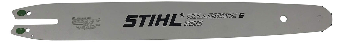 Stihl Rollomatic E Mini guide bar closeup for precise cutting control.