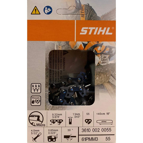 Stihl 61PMN3 chain on a 16-inch bar for precise, smooth cutting.