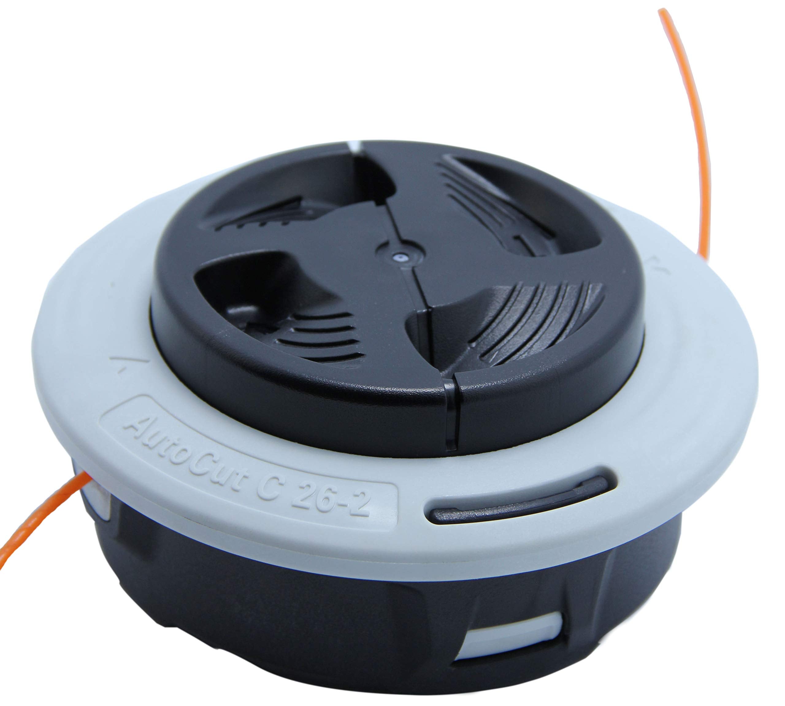 Stihl AutoCut C26-2 trimmer head loaded for quick line changes.