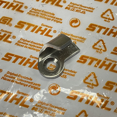 Stihl OEM chain catcher close-up showing rugged metal construction for MS series