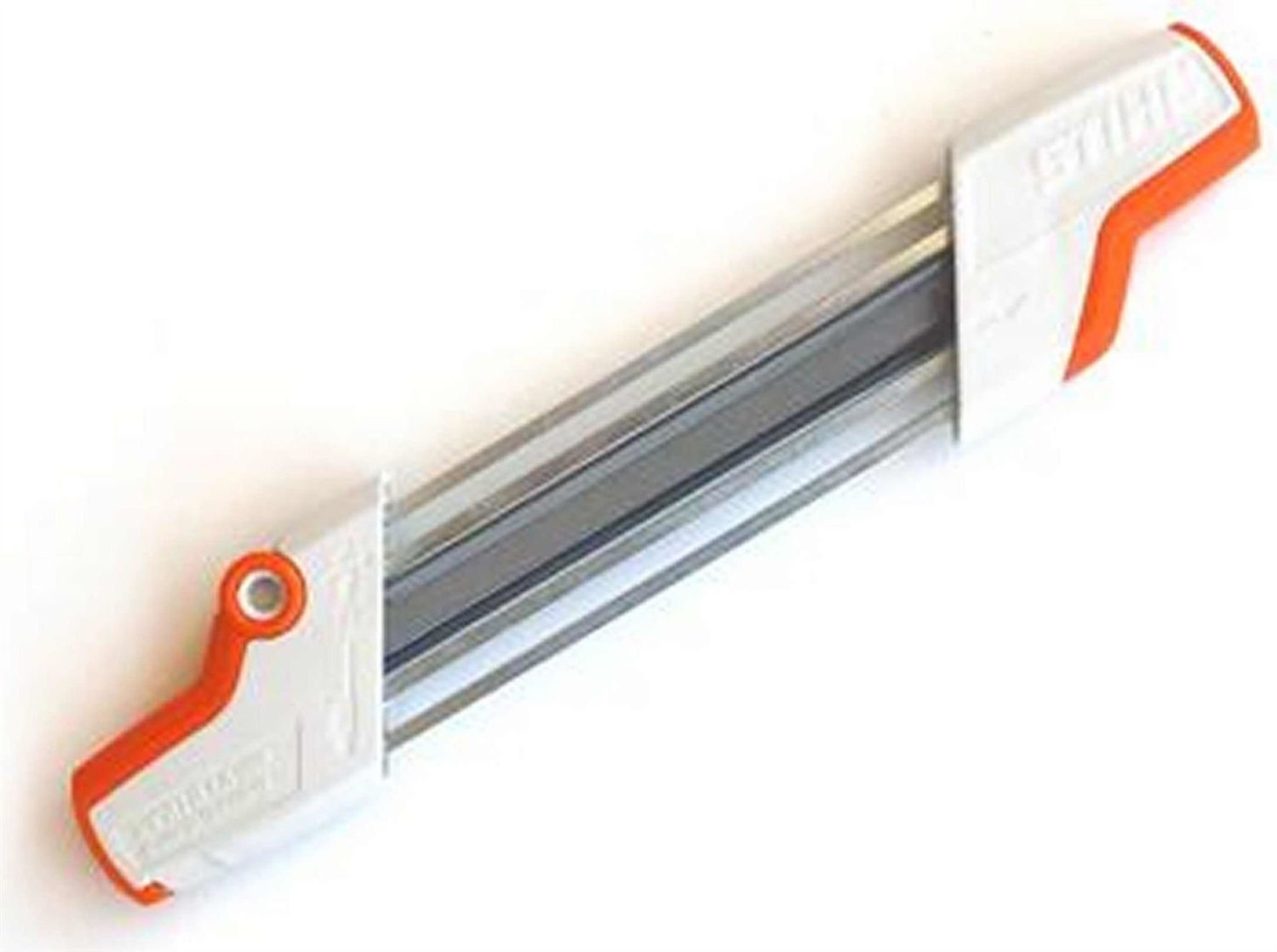 Stihl file holder on a workbench ready for 3/8-inch chain filing.