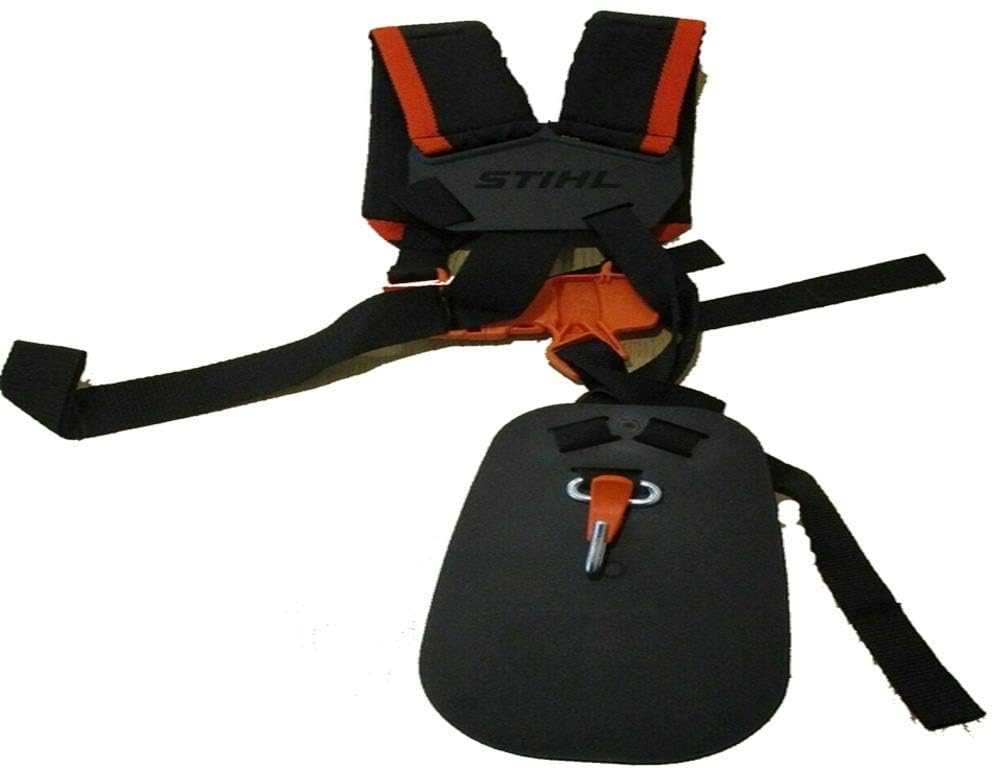 Stihl full harness strap system offers balanced wear for comfortable long trimming tasks.