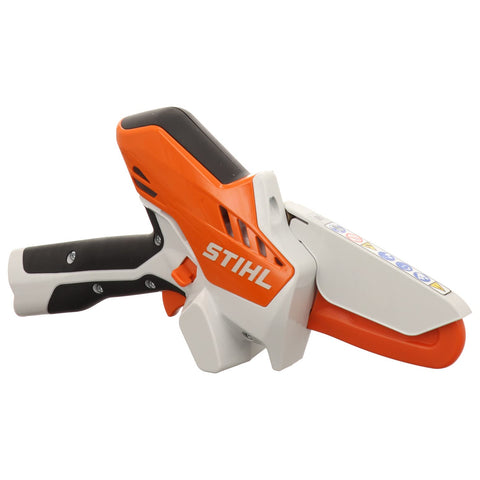 Stihl GTA 26 orange color improves outdoor visibility.