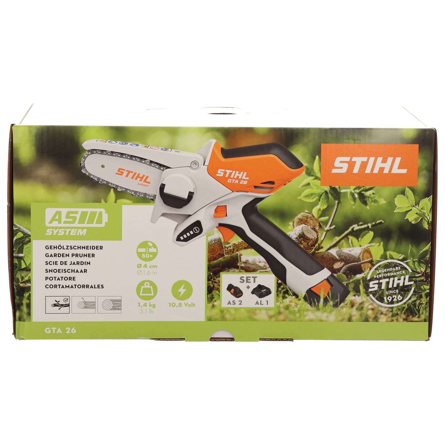 Stihl GTA 26 front view, cordless wood cutter for quick yard tasks.