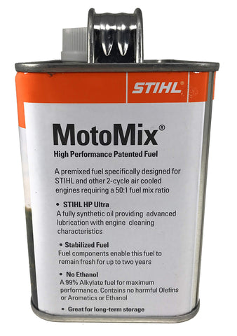STIHL MotoMix HP Ultra oil blend label on bottle, ready to lubricate 2-cycle engines