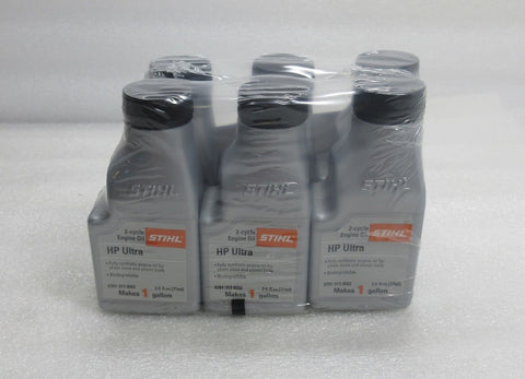 Stihl oil mix 1-gallon bottle, six-pack, for high-performance 2-cycle engines.