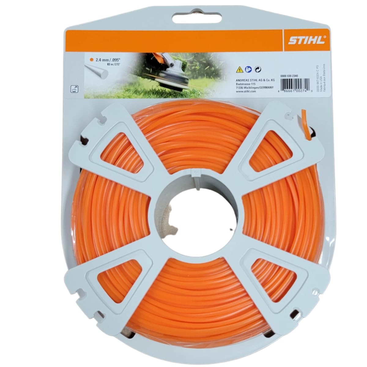 Stihl orange trimmer line 0.095 inch closeup highlights round design and strength.