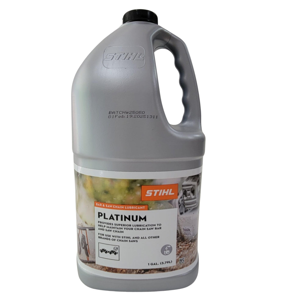 STIHL Platinum lubricant bottle ready for heavy-duty chainsaw use