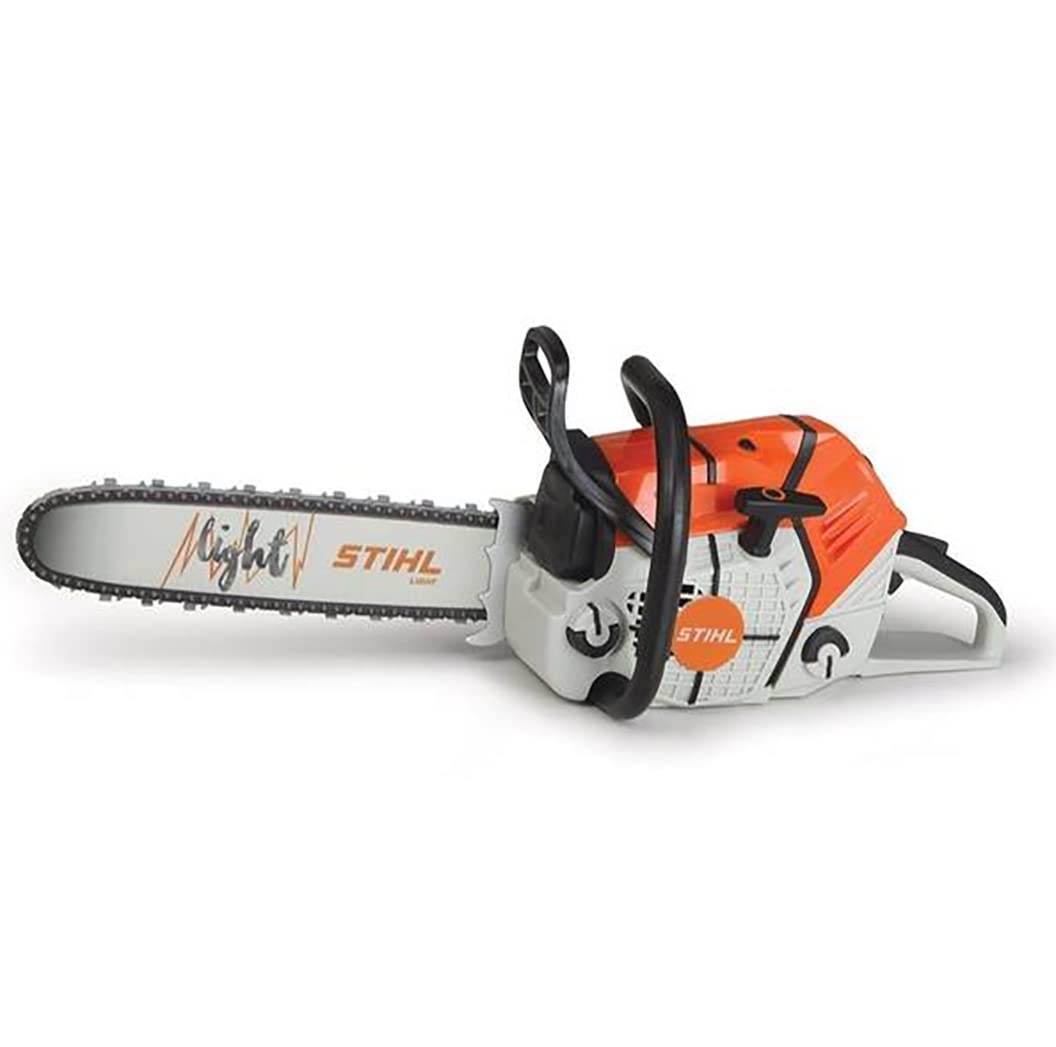 STIHL toy chainsaw side view highlighting safe rubber chain and compact grip.