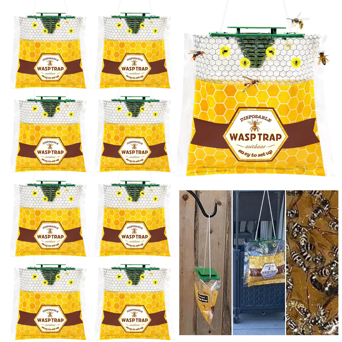 Stingmon 8-pack disposable wasp traps for outdoor hanging in the garden.