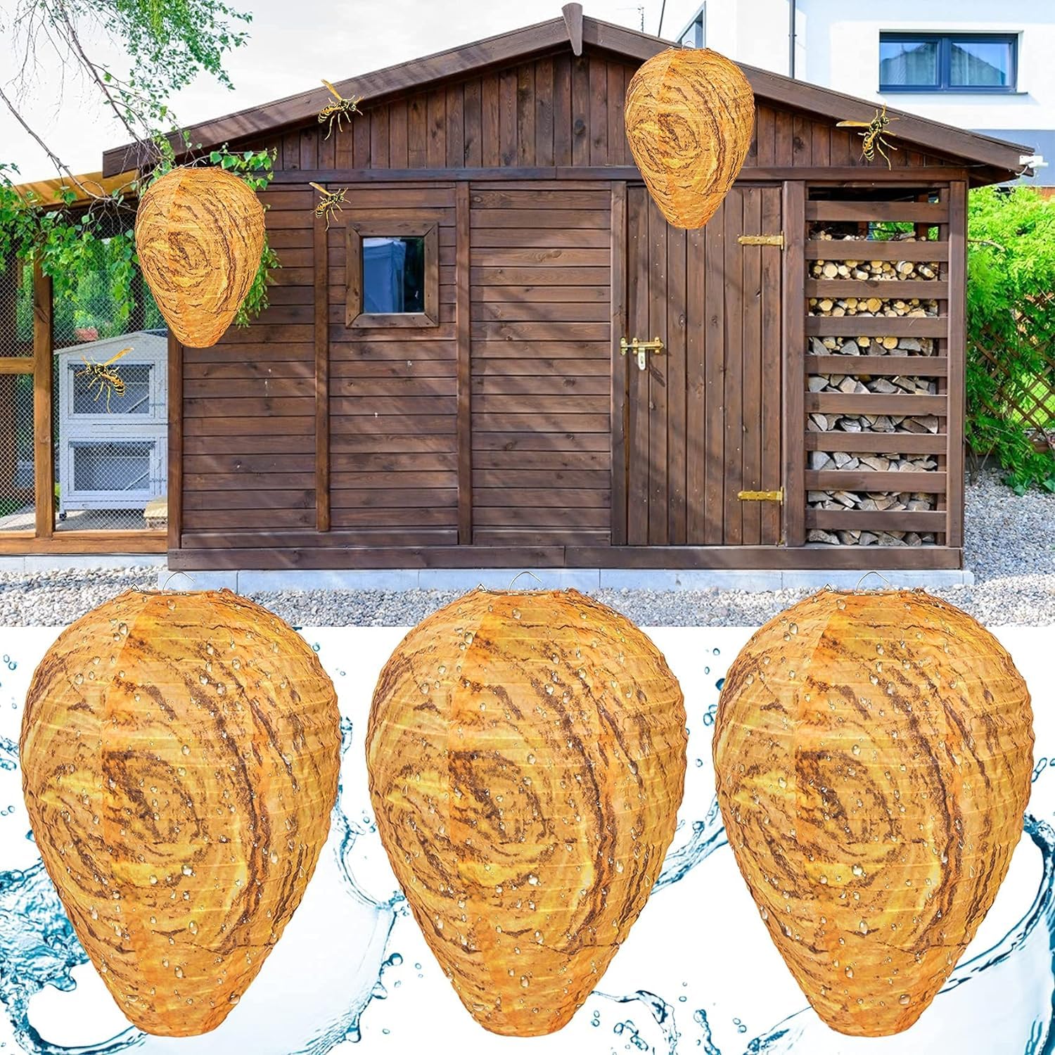 Stingmon fake wasp nest decoy hanging on porch deters wasps safely.