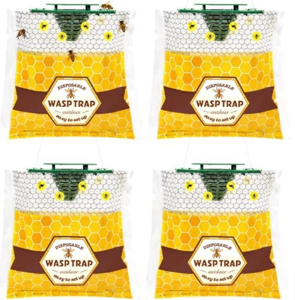 Stingmon four-pack disposable wasp traps for outdoor hanging use, ideal for patios.