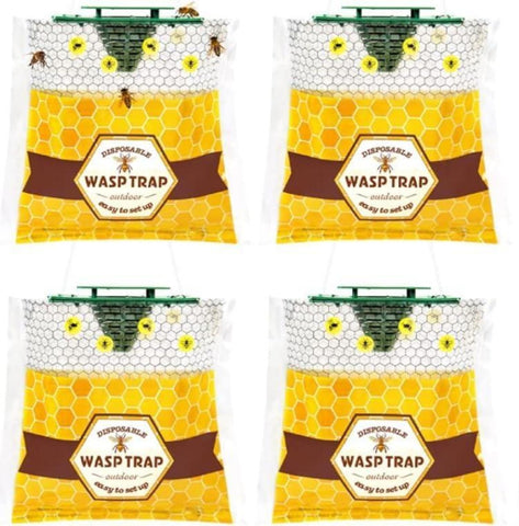 Stingmon four-pack disposable wasp traps for outdoor hanging use, ideal for patios.