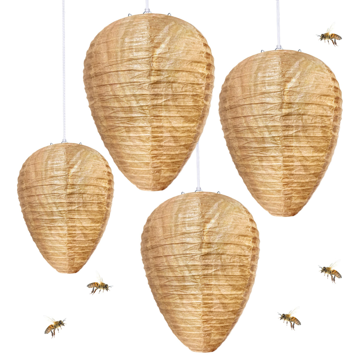 Stingmon four-pack wasp nest decoy hanging deters wasps from outdoor areas.