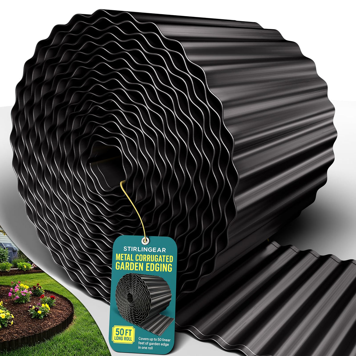 STIRLINGEAR 50ft corrugated edging roll defining garden borders with rustproof durability.