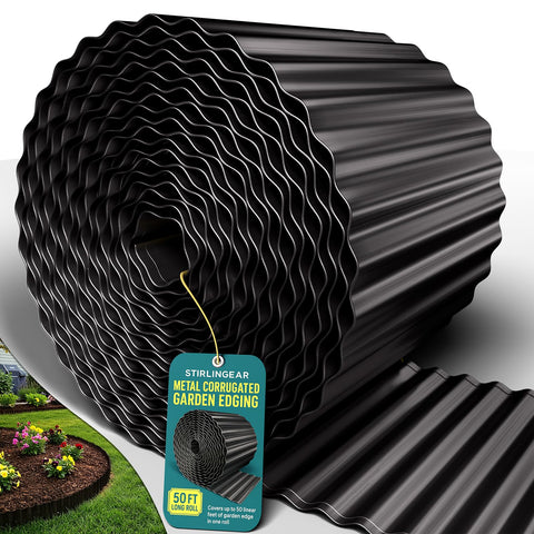 STIRLINGEAR 50ft corrugated edging roll defining garden borders with rustproof durability.