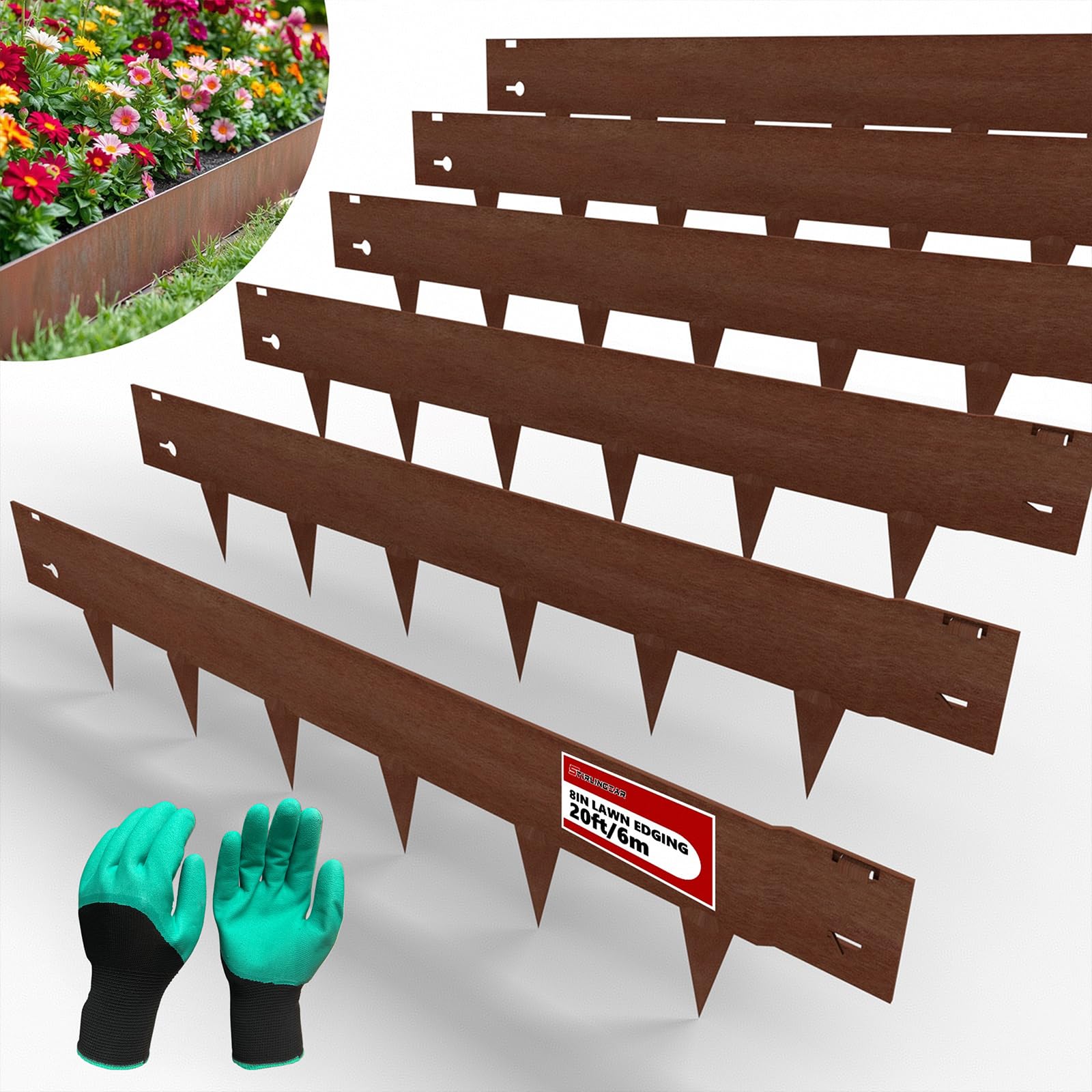 Stirlingear cor-ten steel edging 6-pack creates clean borders and weather resistance.