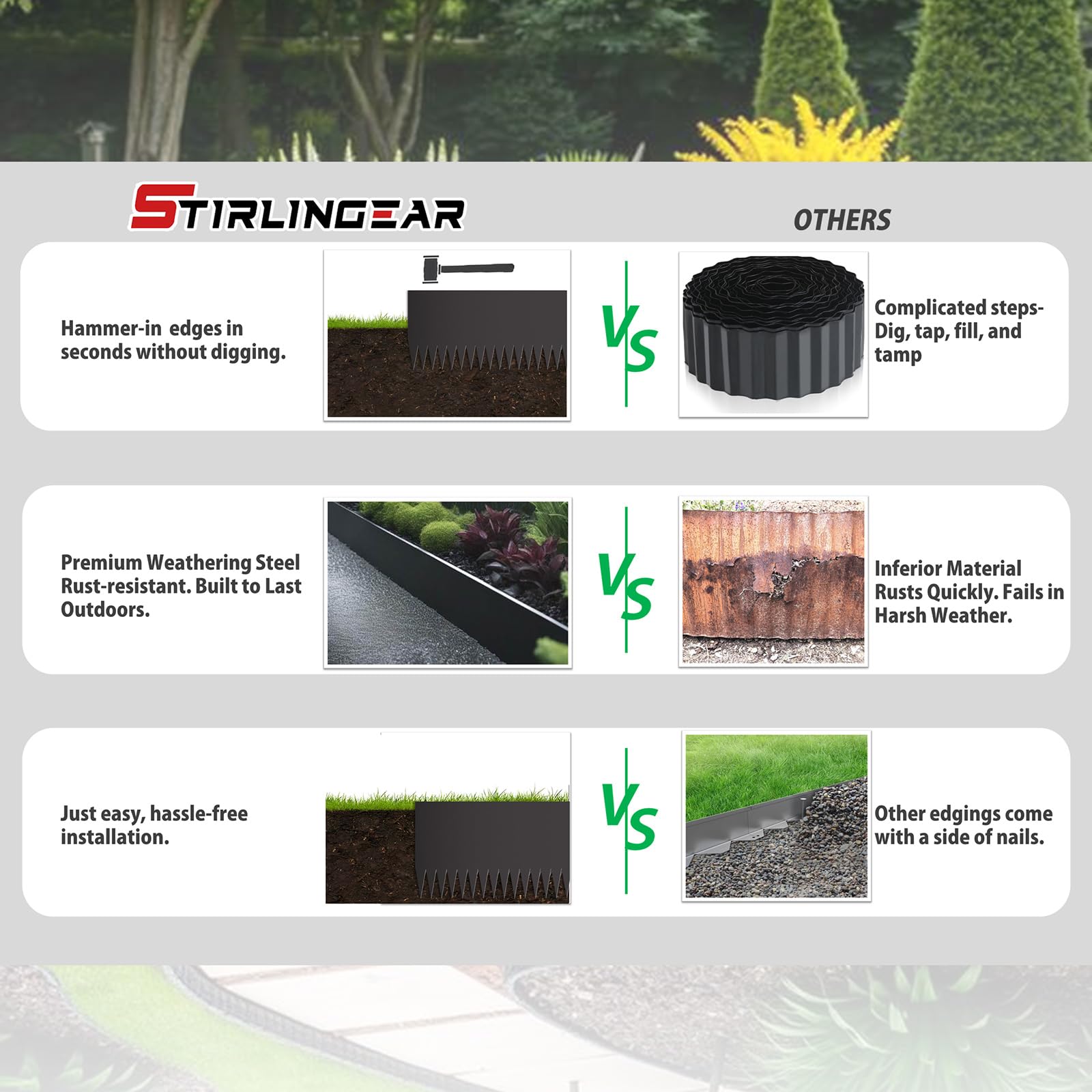 STIRLINGEAR easy-installation edging simplifies DIY borders in minutes.