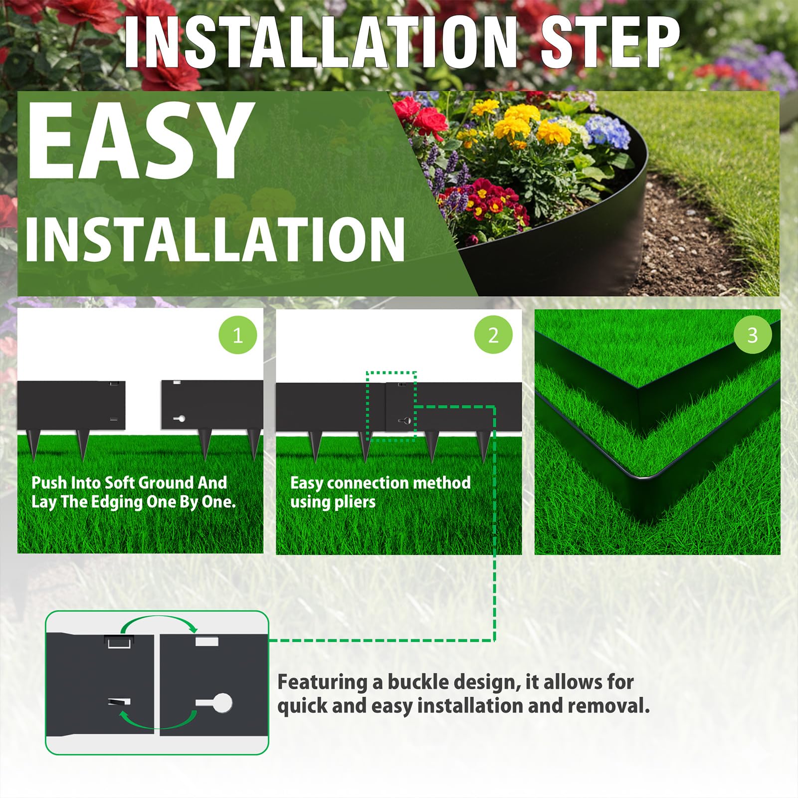 Stirlingear galvanized steel border with rustproof black finish for long-lasting borders.