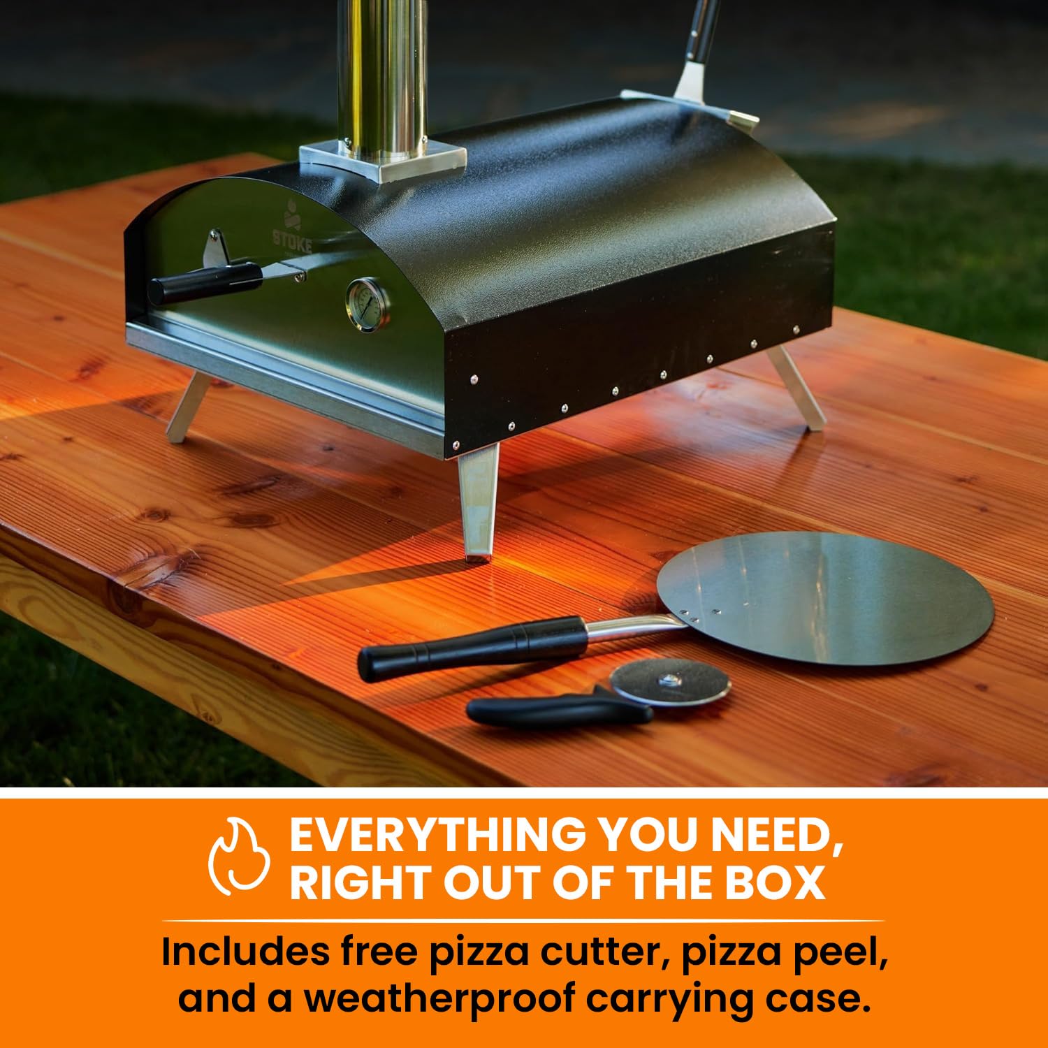 Stoke included pizza peel and cutter for ready to cook experience.