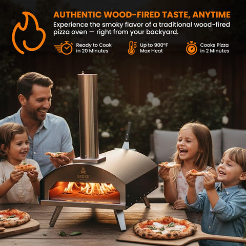 Stoke wood pellet oven reaching 900°F quickly for Neapolitan style pizzas.