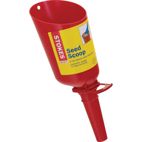 Stokes Select red birdseed scoop with ergonomic handle for mess-free feeding.