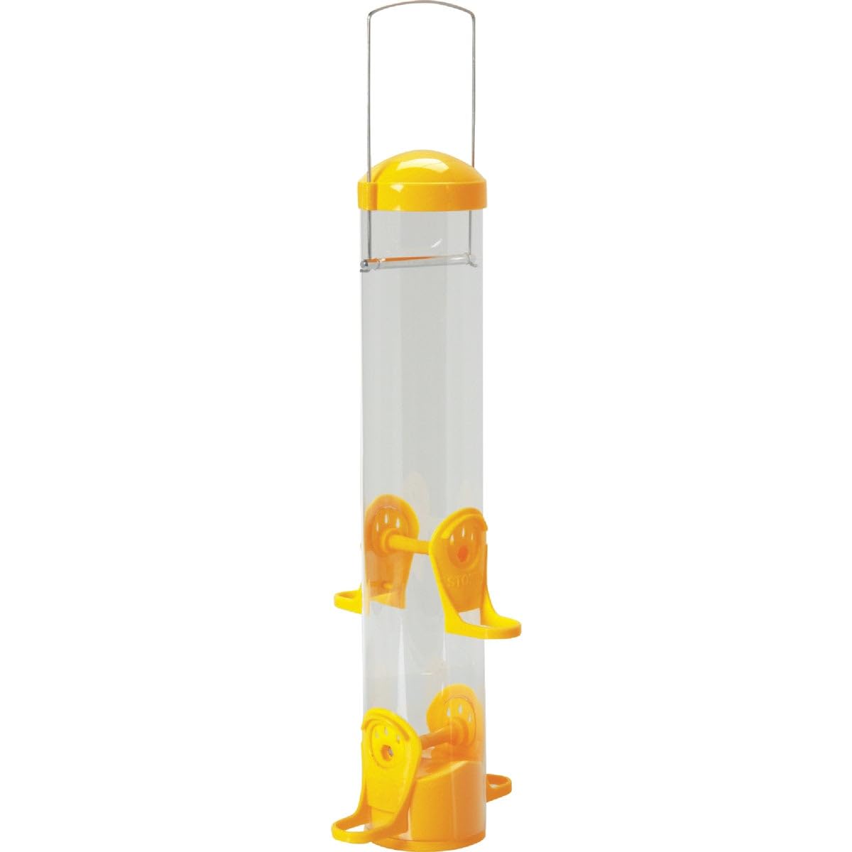Stokes Select thistle tube feeder front view attracts goldfinches with bright yellow visibility