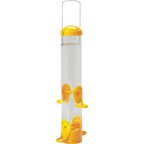 Stokes Select thistle tube feeder front view attracts goldfinches with bright yellow visibility