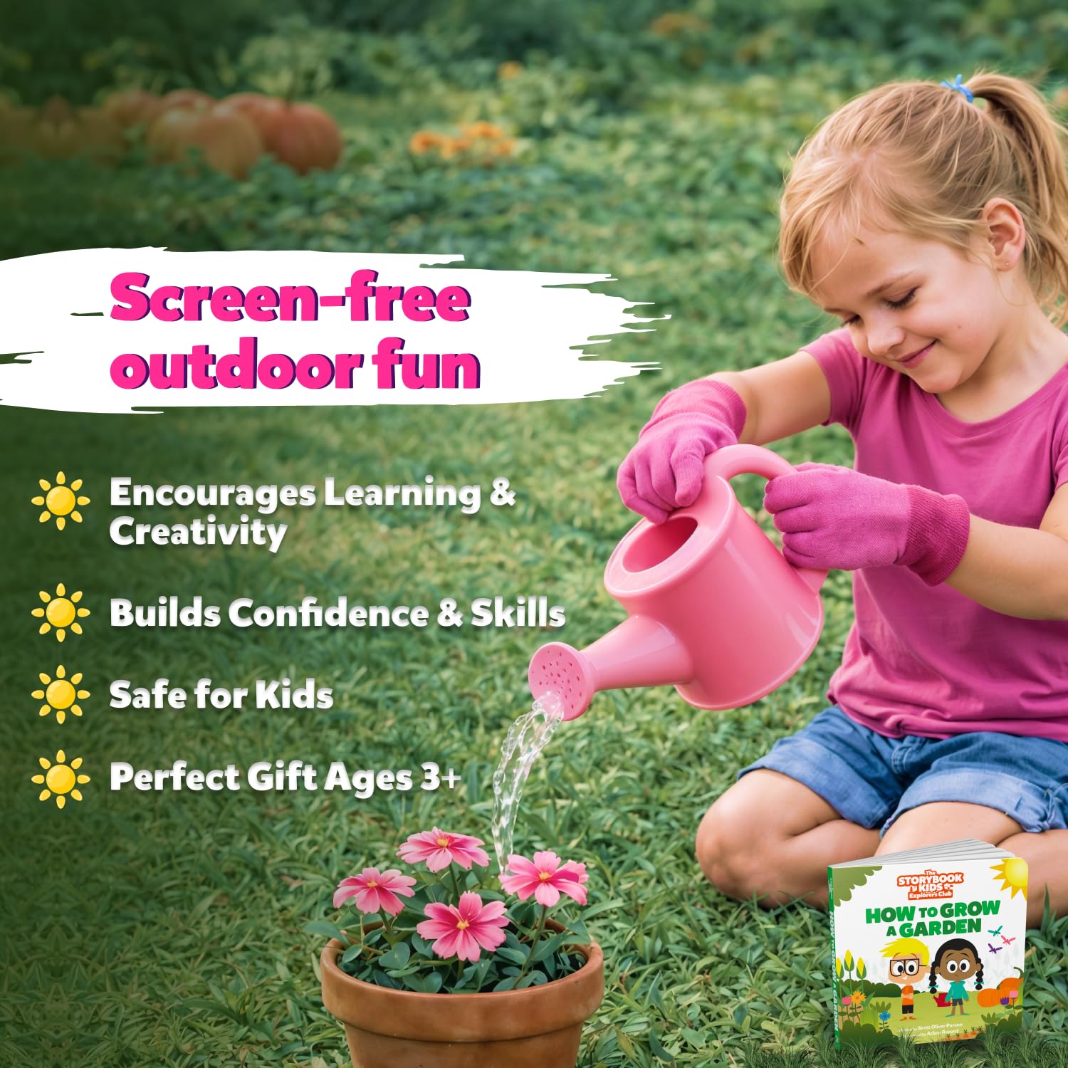 The Storybook Kids Explorers Club pink garden stakes help mark rows with playful flair.