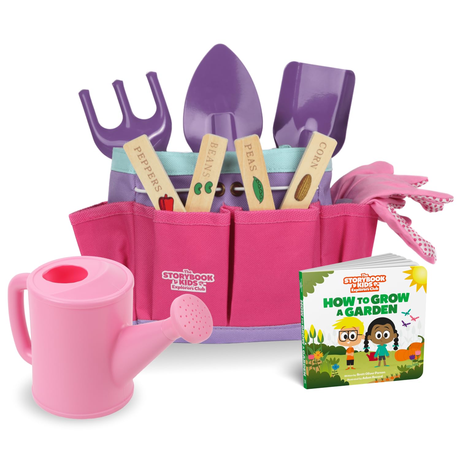 The Storybook Kids Explorers Club pink tote bag keeps tools organized for outdoor play.
