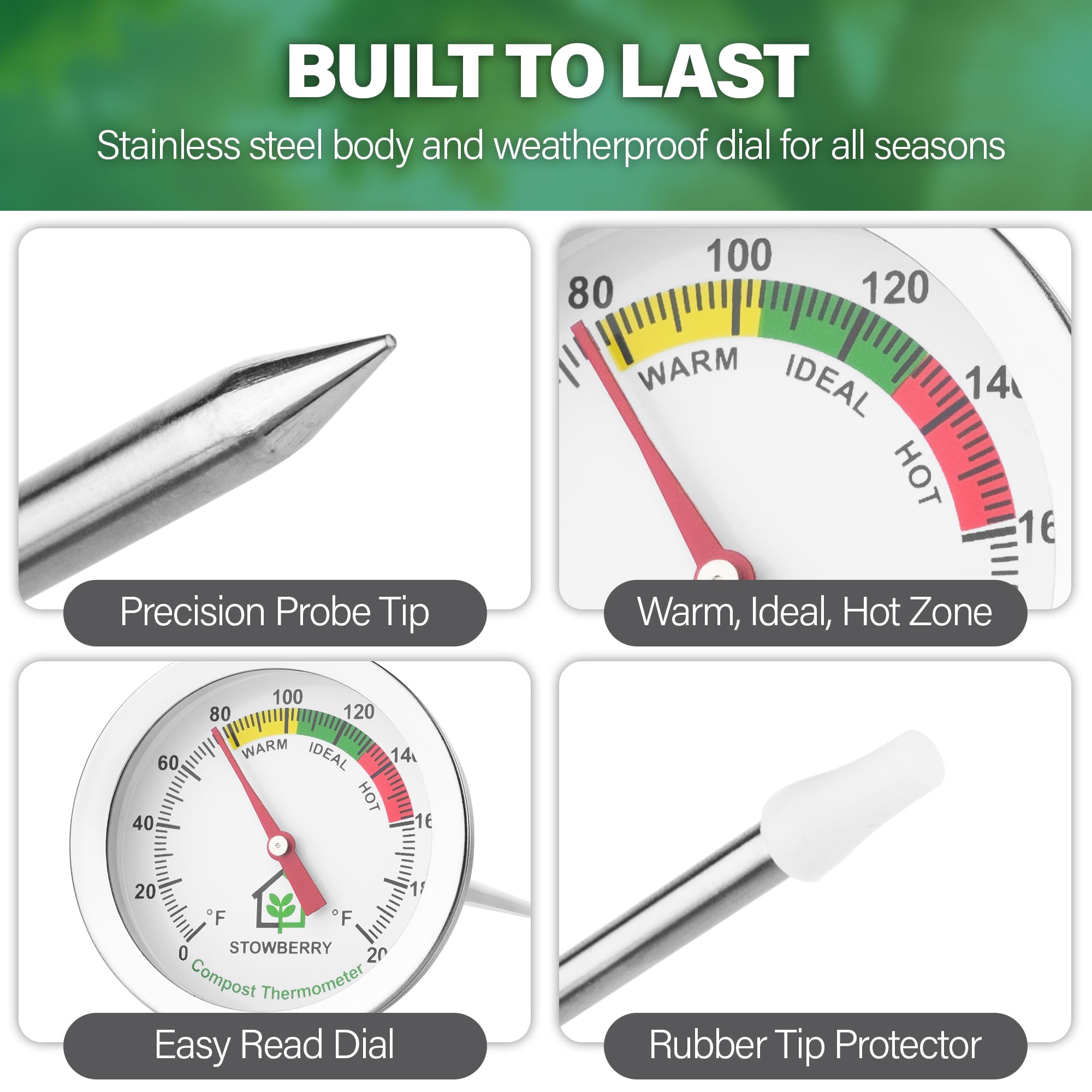 STOWBERRY thermometer with clear 2-inch dial and zone indicators