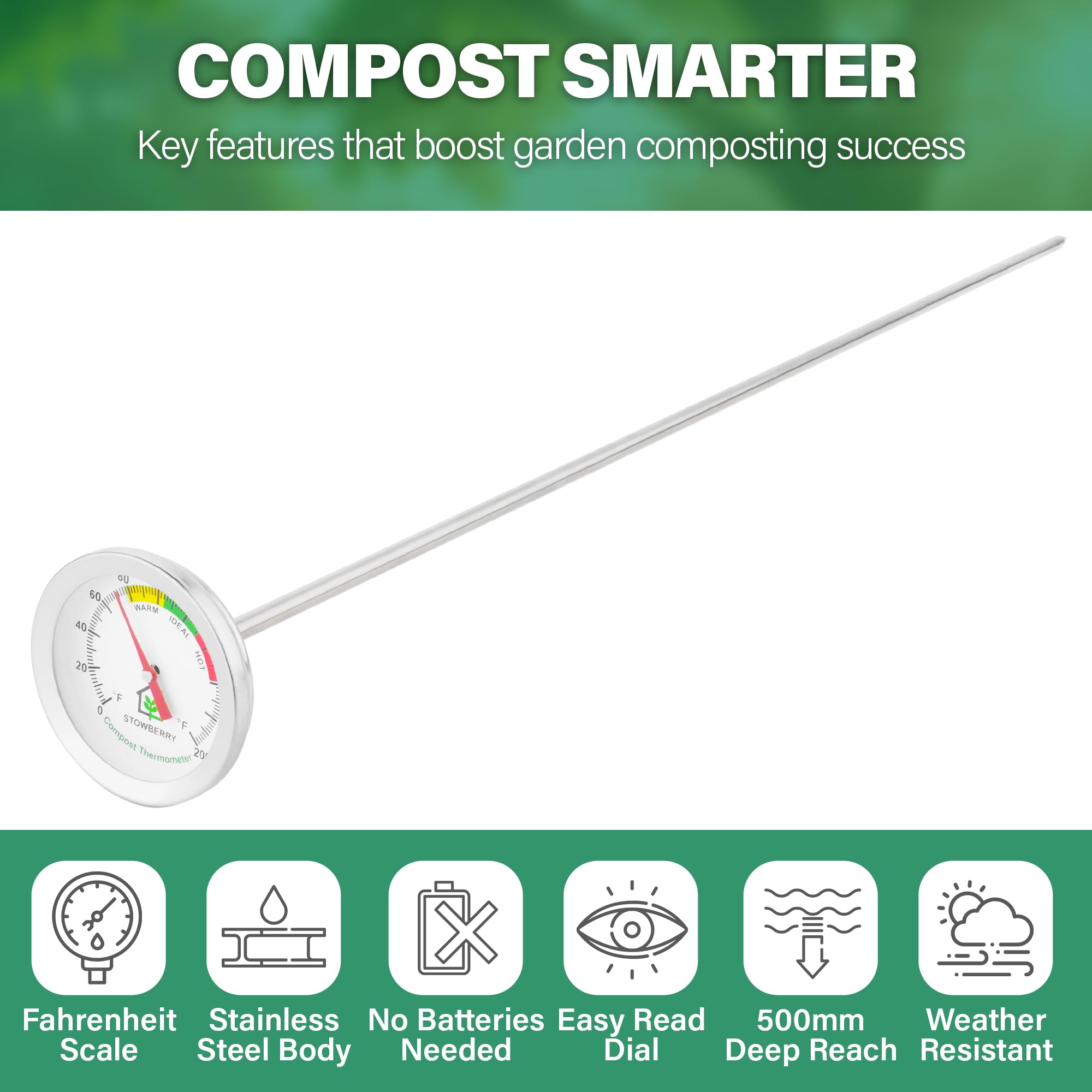STOWBERRY thermometer used in garden bin for composting