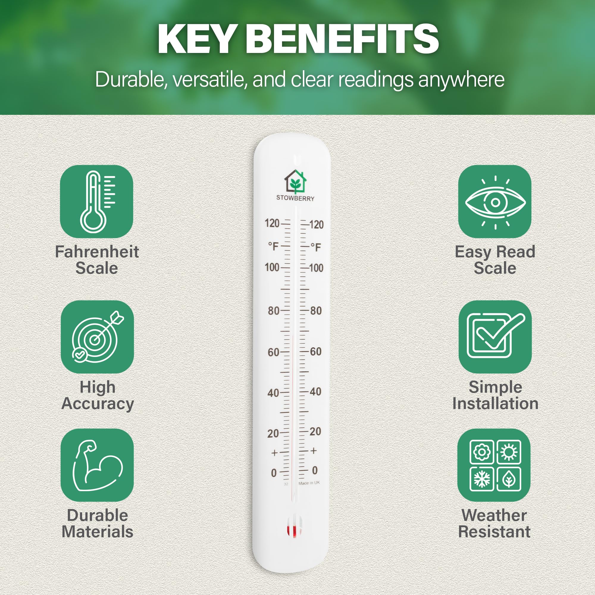 STOWBERRY thermometer in greenhouse with bold scale for easy plant temperature checks.