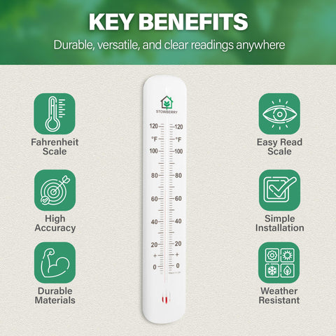 STOWBERRY thermometer in greenhouse with bold scale for easy plant temperature checks.