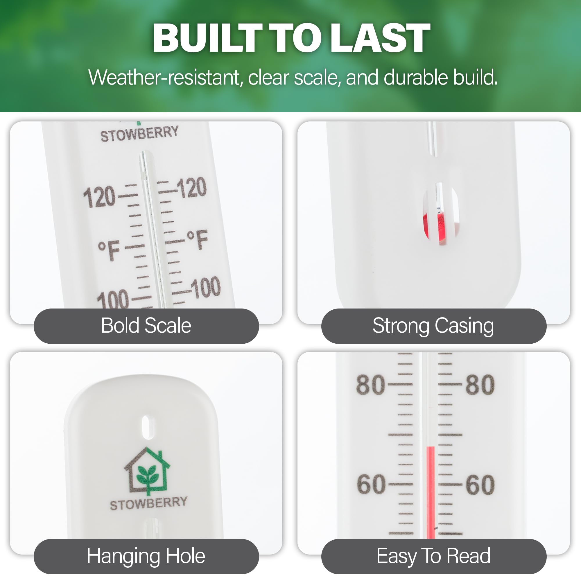 STOWBERRY outdoor-ready thermometer mounted for balcony garden temperature monitoring.
