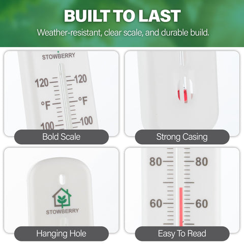 STOWBERRY outdoor-ready thermometer mounted for balcony garden temperature monitoring.