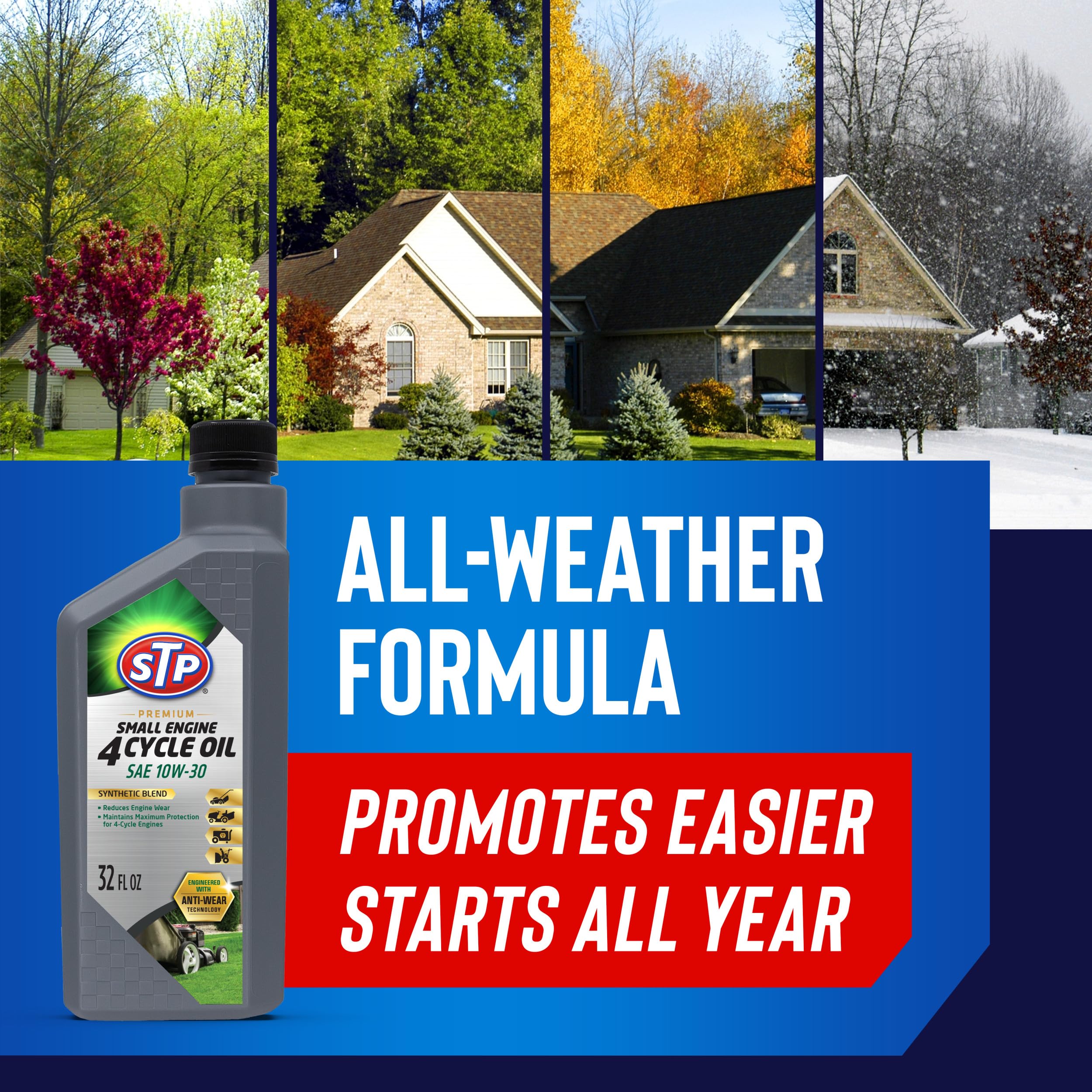 STP Premium Small Engine Oil label detail highlighting all-season benefits