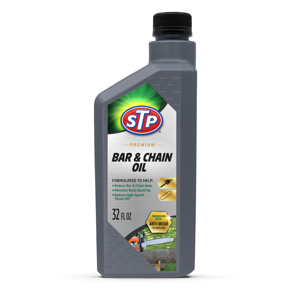 STP Premium Bar and Chain Oil bottle pour shows ready-to-use formula protecting bar and chain